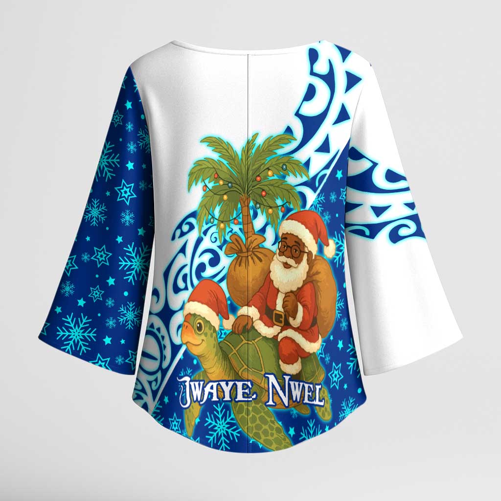 West Indies Christmas Kimono Sleeve Blouse with Santa Riding Turtle Palm Tree and Tribal Snowflake Design - Wonder Print Shop