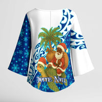 West Indies Christmas Kimono Sleeve Blouse with Santa Riding Turtle Palm Tree and Tribal Snowflake Design - Wonder Print Shop