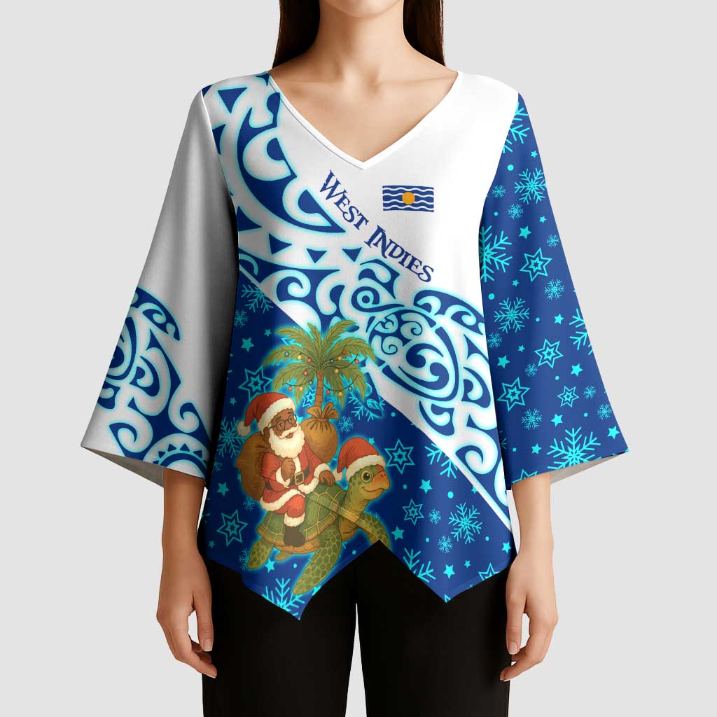 West Indies Christmas Kimono Sleeve Blouse with Santa Riding Turtle Palm Tree and Tribal Snowflake Design - Wonder Print Shop