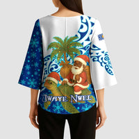 West Indies Christmas Kimono Sleeve Blouse with Santa Riding Turtle Palm Tree and Tribal Snowflake Design - Wonder Print Shop