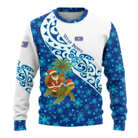 West Indies Christmas Ugly Christmas Sweater with Santa Riding Turtle Palm Tree and Tribal Snowflake Design - Wonder Print Shop