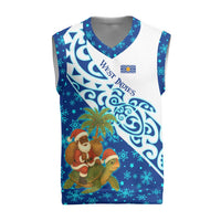 West Indies Christmas Knitted V-Neck Vest with Santa Riding Turtle Palm Tree and Tribal Snowflake Design - Wonder Print Shop