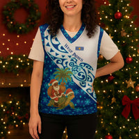 West Indies Christmas Knitted V-Neck Vest with Santa Riding Turtle Palm Tree and Tribal Snowflake Design - Wonder Print Shop