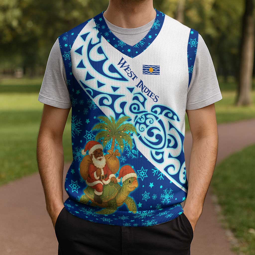 West Indies Christmas Knitted V-Neck Vest with Santa Riding Turtle Palm Tree and Tribal Snowflake Design - Wonder Print Shop
