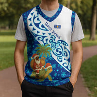 West Indies Christmas Knitted V-Neck Vest with Santa Riding Turtle Palm Tree and Tribal Snowflake Design - Wonder Print Shop