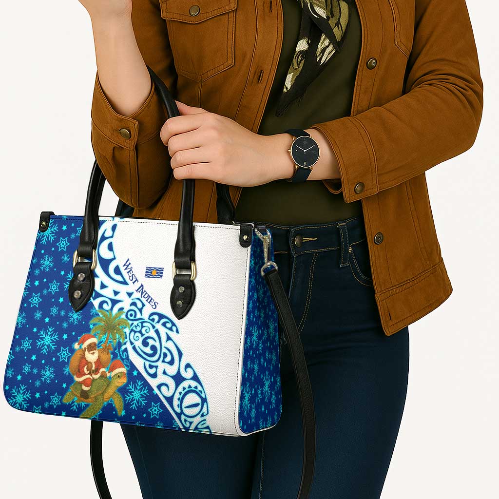 West Indies Christmas Leather Bag with Santa Riding Turtle Palm Tree and Tribal Snowflake Design - Wonder Print Shop