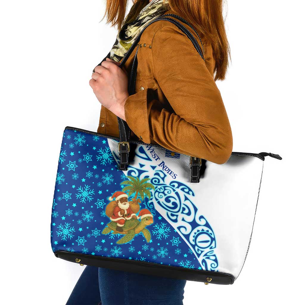West Indies Christmas Leather Tote Bag with Santa Riding Turtle Palm Tree and Tribal Snowflake Design - Wonder Print Shop