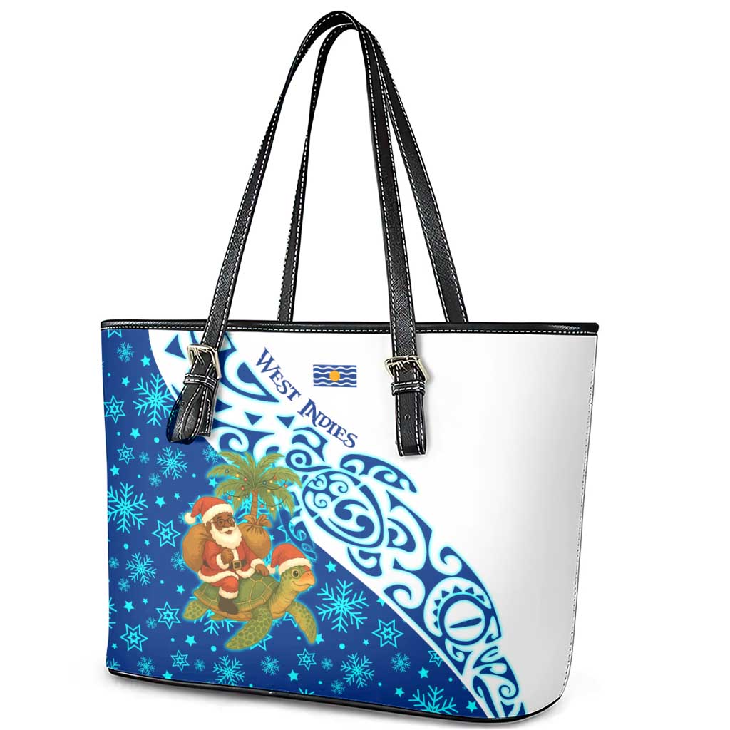 West Indies Christmas Leather Tote Bag with Santa Riding Turtle Palm Tree and Tribal Snowflake Design - Wonder Print Shop