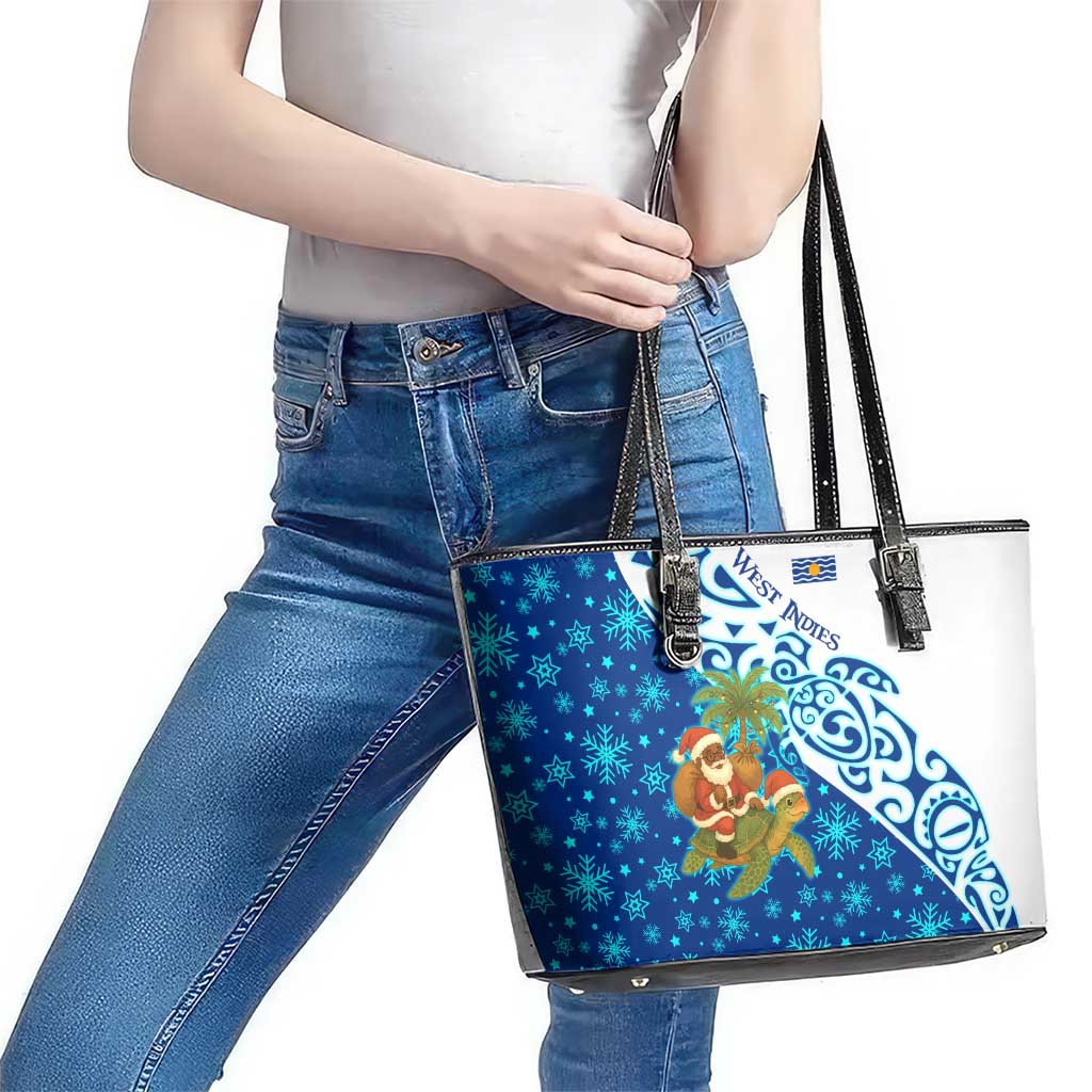 West Indies Christmas Leather Tote Bag with Santa Riding Turtle Palm Tree and Tribal Snowflake Design - Wonder Print Shop