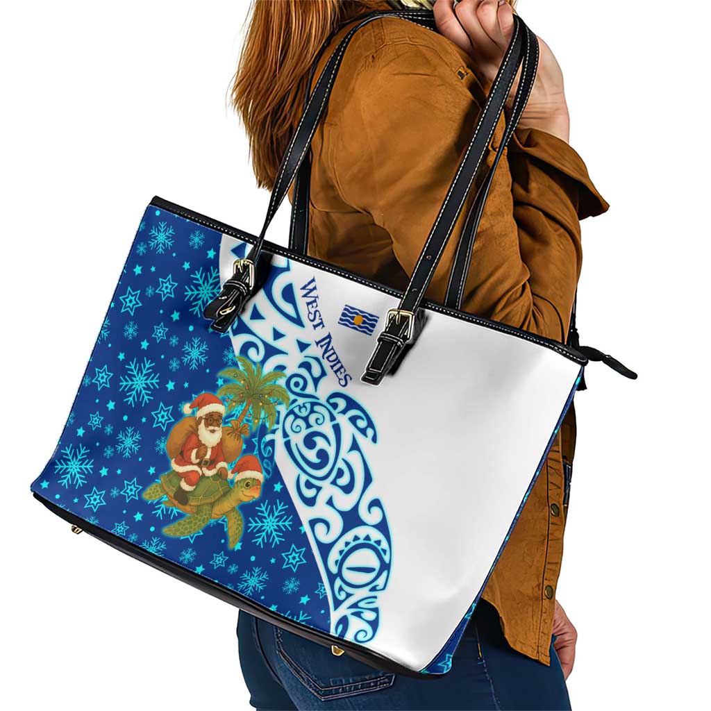 West Indies Christmas Leather Tote Bag with Santa Riding Turtle Palm Tree and Tribal Snowflake Design - Wonder Print Shop