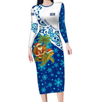 West Indies Christmas Long Sleeve Bodycon Dress with Santa Riding Turtle Palm Tree and Tribal Snowflake Design - Wonder Print Shop