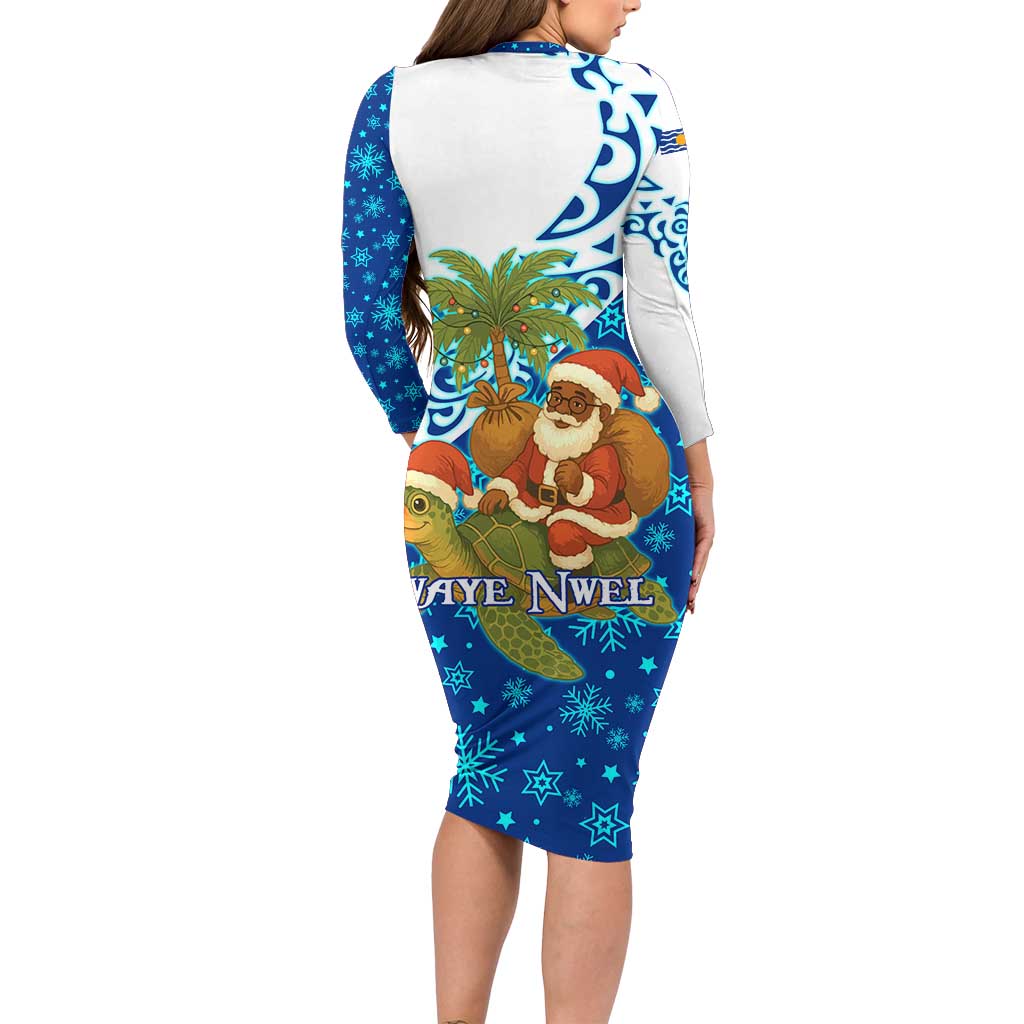 West Indies Christmas Long Sleeve Bodycon Dress with Santa Riding Turtle Palm Tree and Tribal Snowflake Design - Wonder Print Shop