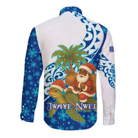West Indies Christmas Long Sleeve Button Shirt with Santa Riding Turtle Palm Tree and Tribal Snowflake Design - Wonder Print Shop