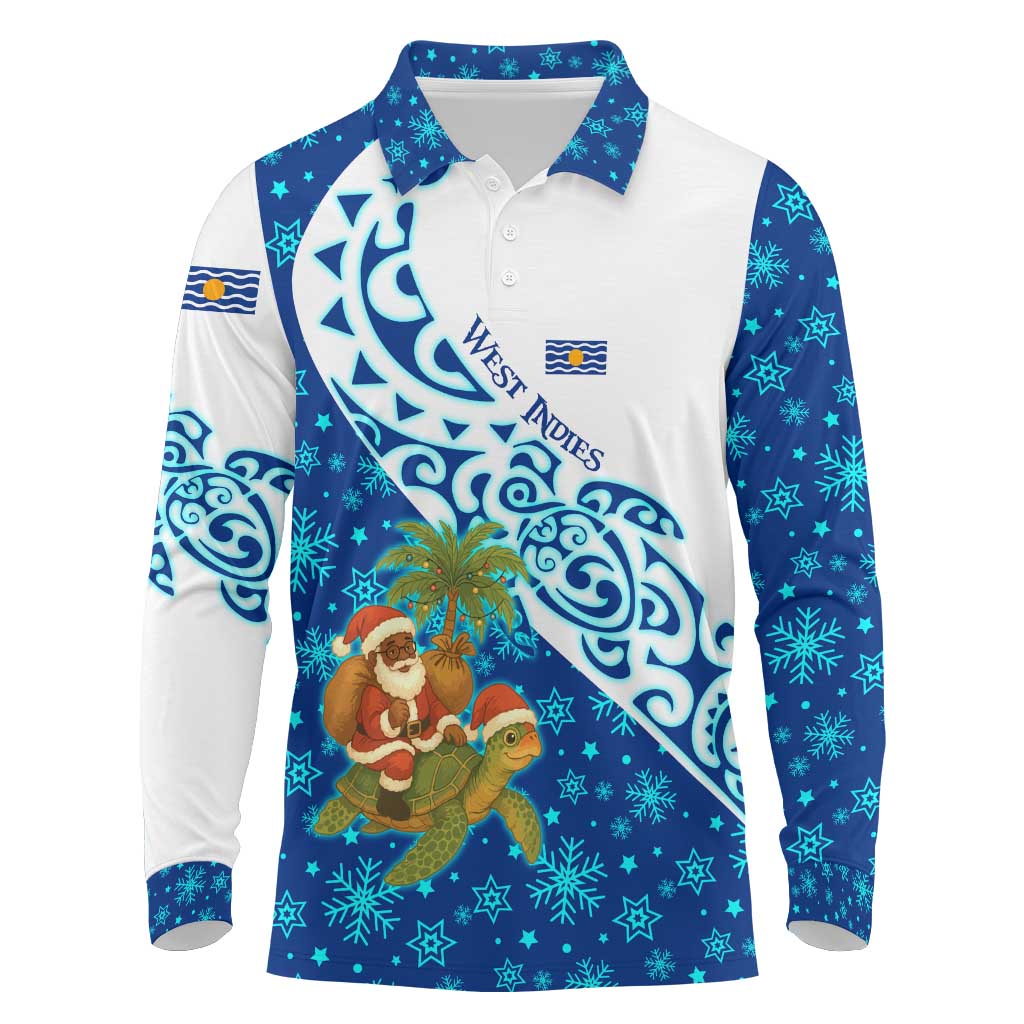 West Indies Christmas Long Sleeve Polo Shirt with Santa Riding Turtle Palm Tree and Tribal Snowflake Design - Wonder Print Shop