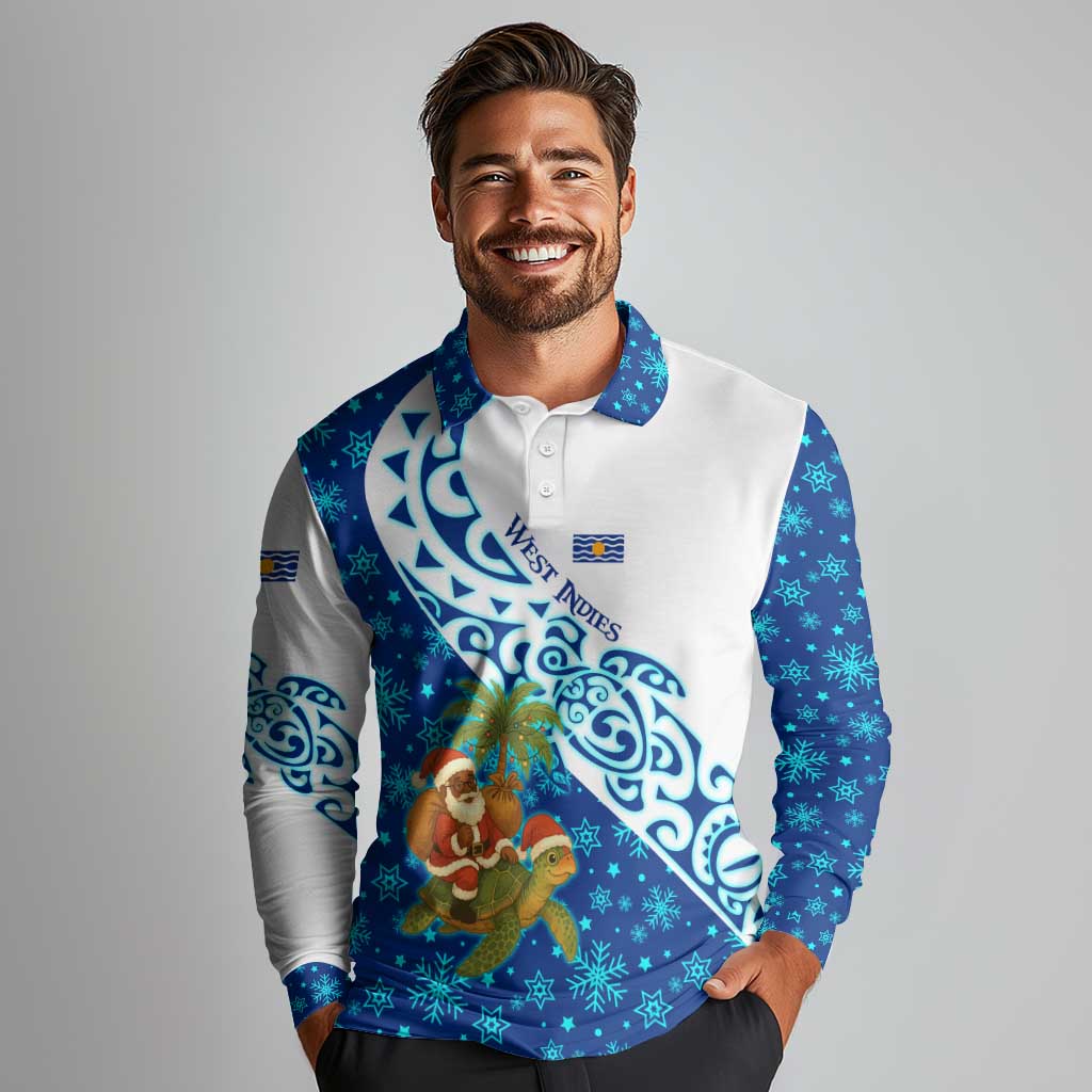 West Indies Christmas Long Sleeve Polo Shirt with Santa Riding Turtle Palm Tree and Tribal Snowflake Design - Wonder Print Shop