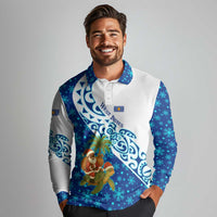 West Indies Christmas Long Sleeve Polo Shirt with Santa Riding Turtle Palm Tree and Tribal Snowflake Design - Wonder Print Shop