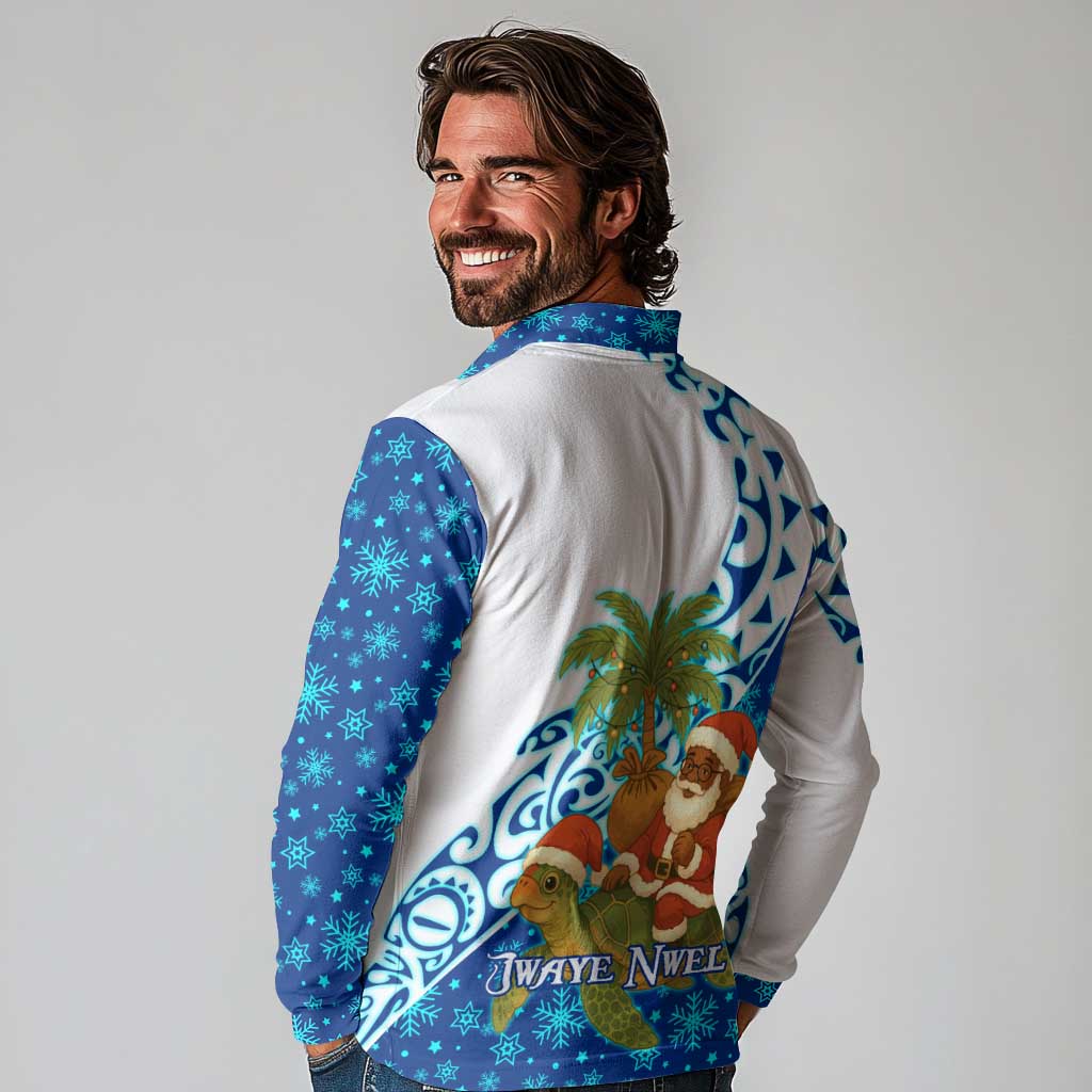 West Indies Christmas Long Sleeve Polo Shirt with Santa Riding Turtle Palm Tree and Tribal Snowflake Design - Wonder Print Shop