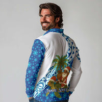 West Indies Christmas Long Sleeve Polo Shirt with Santa Riding Turtle Palm Tree and Tribal Snowflake Design - Wonder Print Shop