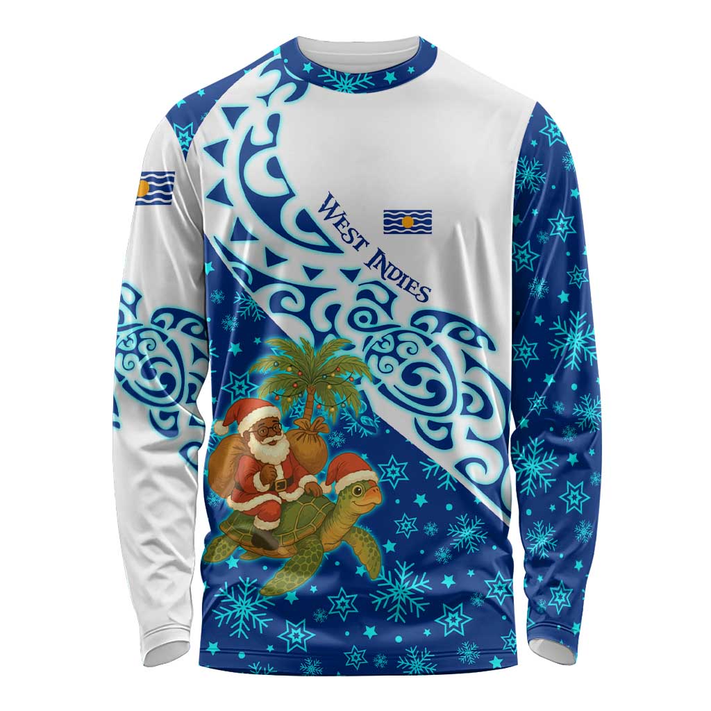 West Indies Christmas Long Sleeve Shirt with Santa Riding Turtle Palm Tree and Tribal Snowflake Design - Wonder Print Shop