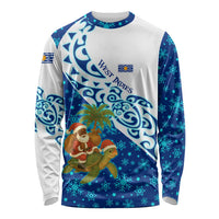 West Indies Christmas Long Sleeve Shirt with Santa Riding Turtle Palm Tree and Tribal Snowflake Design - Wonder Print Shop