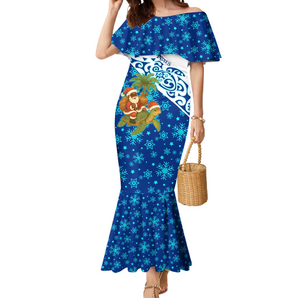 West Indies Christmas Mermaid Dress with Santa Riding Turtle Palm Tree and Tribal Snowflake Design - Wonder Print Shop