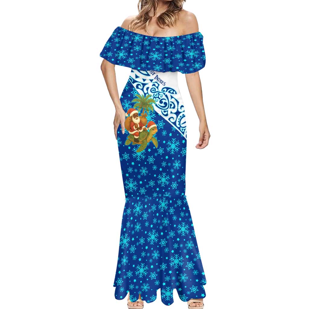 West Indies Christmas Mermaid Dress with Santa Riding Turtle Palm Tree and Tribal Snowflake Design - Wonder Print Shop