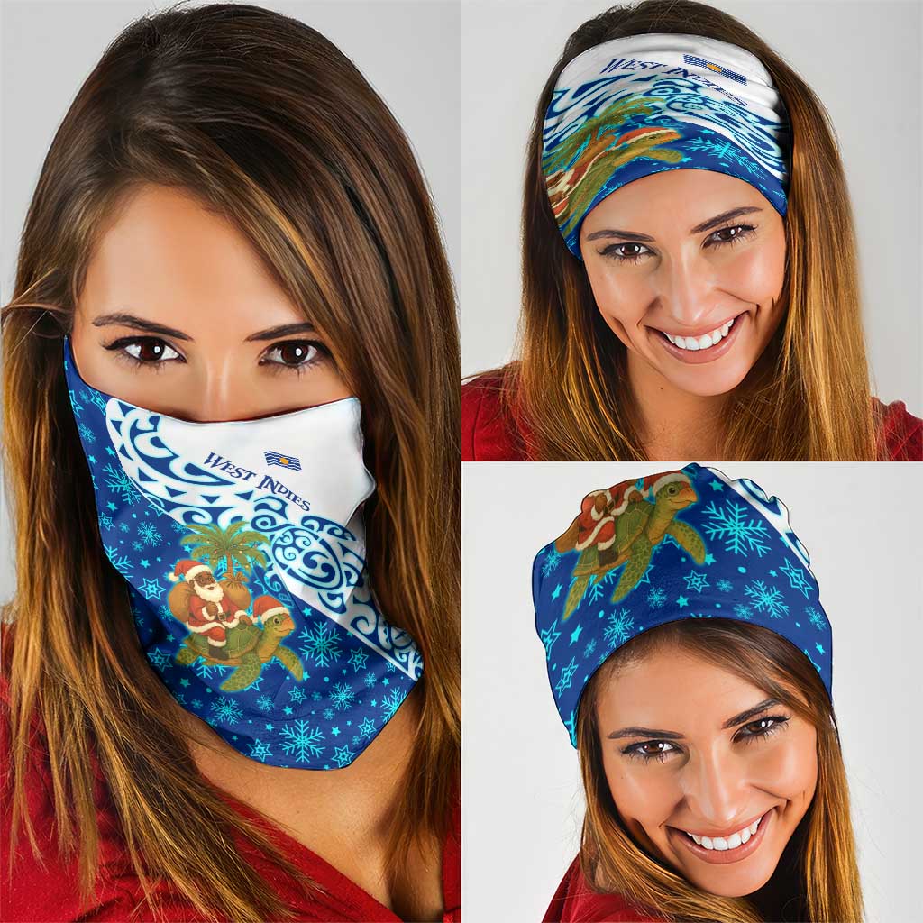 West Indies Christmas Neck Gaiter with Santa Riding Turtle Palm Tree and Tribal Snowflake Design - Wonder Print Shop