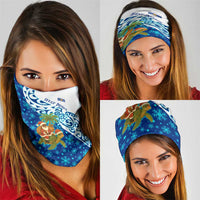 West Indies Christmas Neck Gaiter with Santa Riding Turtle Palm Tree and Tribal Snowflake Design - Wonder Print Shop
