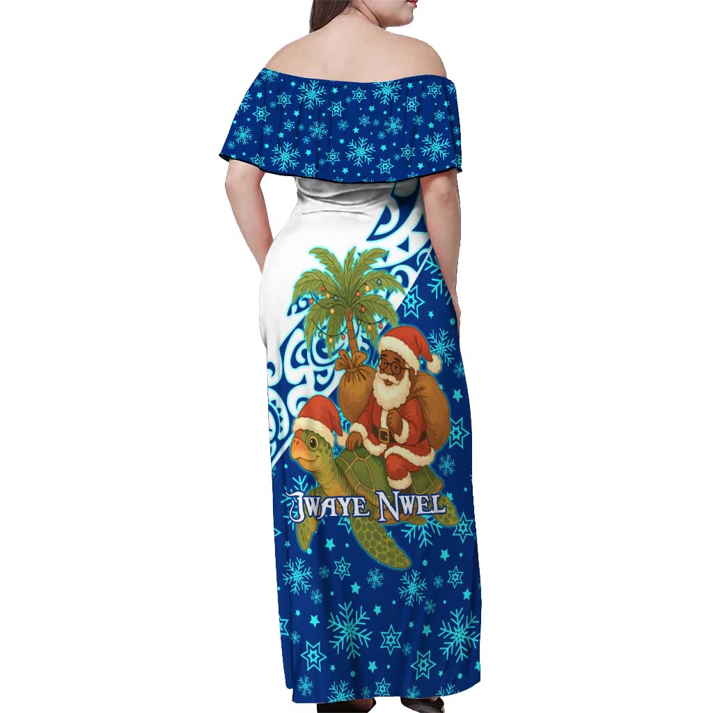 West Indies Christmas Off Shoulder Maxi Dress with Santa Riding Turtle Palm Tree and Tribal Snowflake Design - Wonder Print Shop