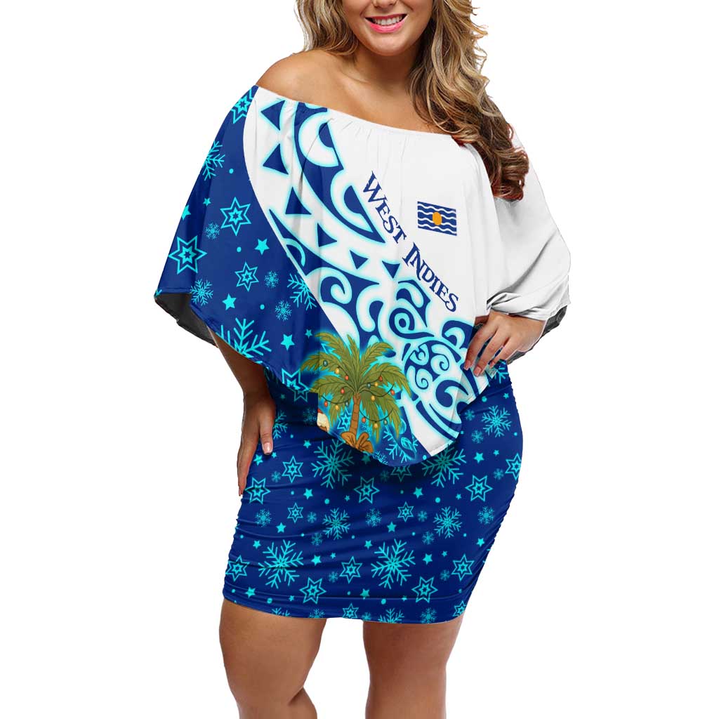West Indies Christmas Off Shoulder Short Dress with Santa Riding Turtle Palm Tree and Tribal Snowflake Design - Wonder Print Shop
