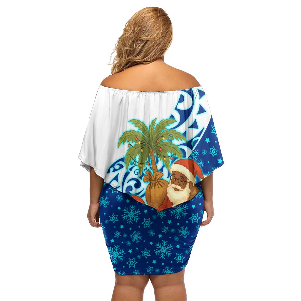West Indies Christmas Off Shoulder Short Dress with Santa Riding Turtle Palm Tree and Tribal Snowflake Design - Wonder Print Shop