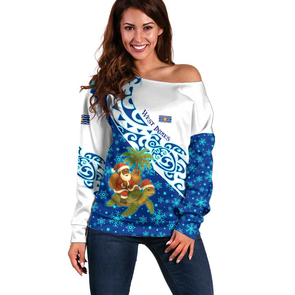 West Indies Christmas Off Shoulder Sweater with Santa Riding Turtle Palm Tree and Tribal Snowflake Design - Wonder Print Shop