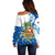 West Indies Christmas Off Shoulder Sweater with Santa Riding Turtle Palm Tree and Tribal Snowflake Design - Wonder Print Shop