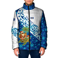 West Indies Christmas Padded Jacket with Santa Riding Turtle Palm Tree and Tribal Snowflake Design - Wonder Print Shop