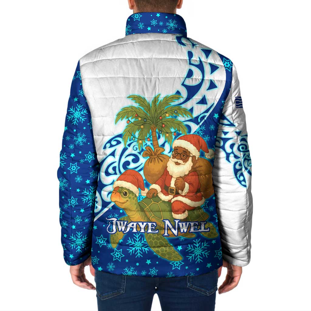 West Indies Christmas Padded Jacket with Santa Riding Turtle Palm Tree and Tribal Snowflake Design - Wonder Print Shop