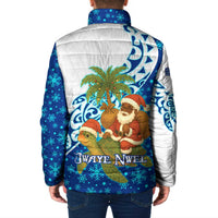 West Indies Christmas Padded Jacket with Santa Riding Turtle Palm Tree and Tribal Snowflake Design - Wonder Print Shop