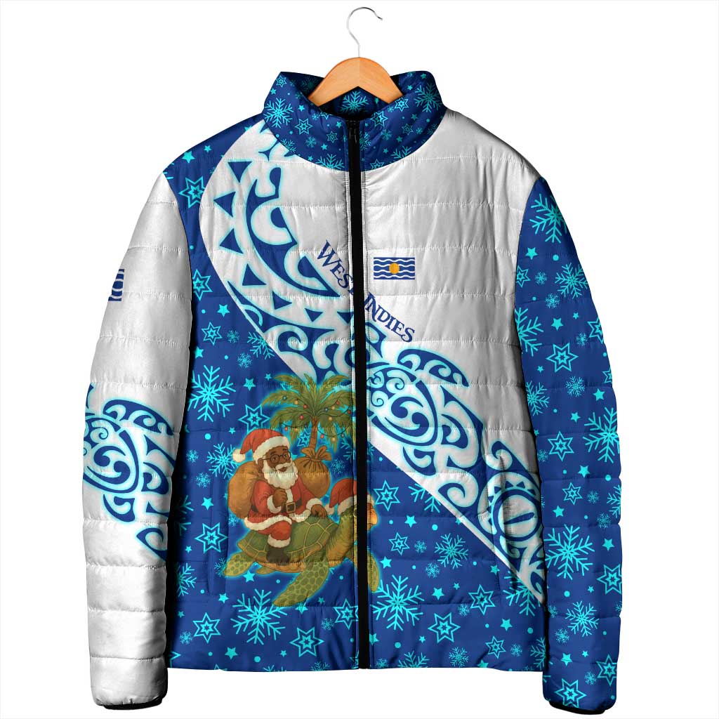 West Indies Christmas Padded Jacket with Santa Riding Turtle Palm Tree and Tribal Snowflake Design - Wonder Print Shop