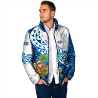 West Indies Christmas Padded Jacket with Santa Riding Turtle Palm Tree and Tribal Snowflake Design - Wonder Print Shop