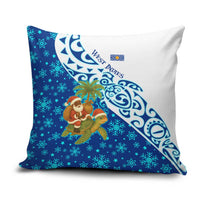 West Indies Christmas Pillow Cover with Santa Riding Turtle Palm Tree and Tribal Snowflake Design - Wonder Print Shop