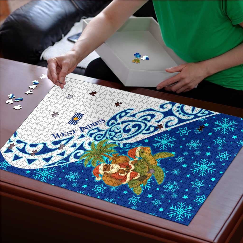 West Indies Christmas Puzzle with Santa Riding Turtle Palm Tree and Tribal Snowflake Design - Wonder Print Shop