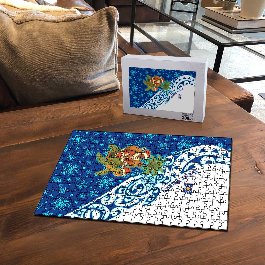 West Indies Christmas Puzzle with Santa Riding Turtle Palm Tree and Tribal Snowflake Design - Wonder Print Shop