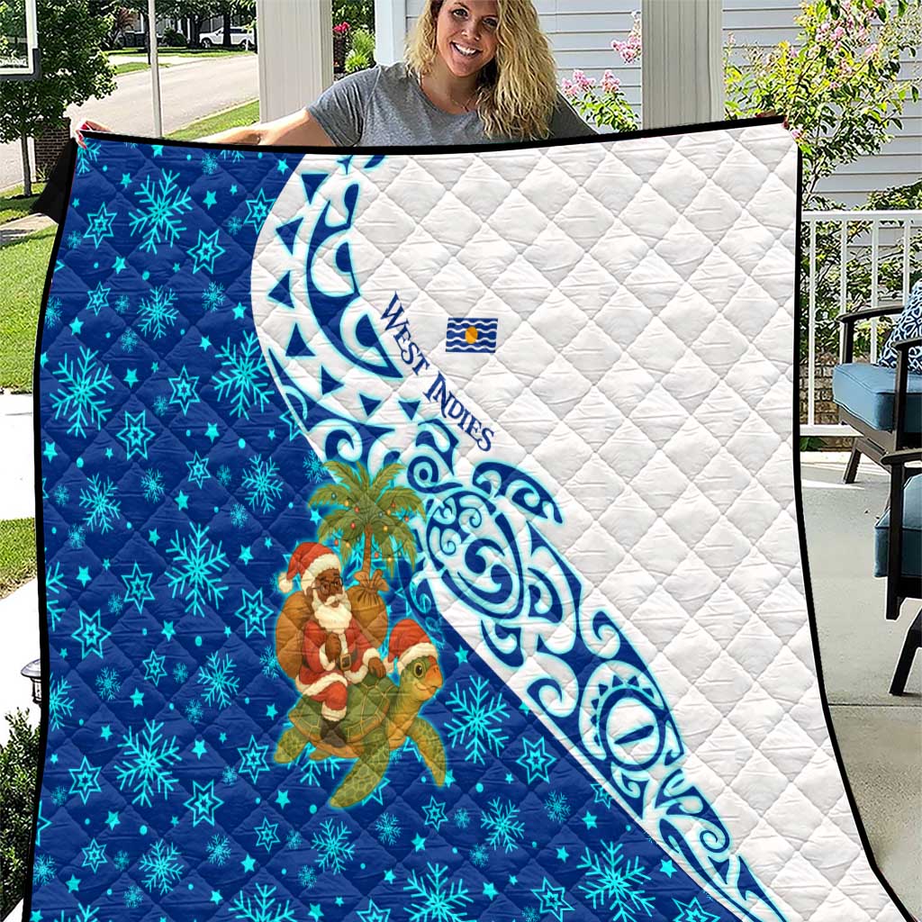 West Indies Christmas Quilt with Santa Riding Turtle Palm Tree and Tribal Snowflake Design - Wonder Print Shop