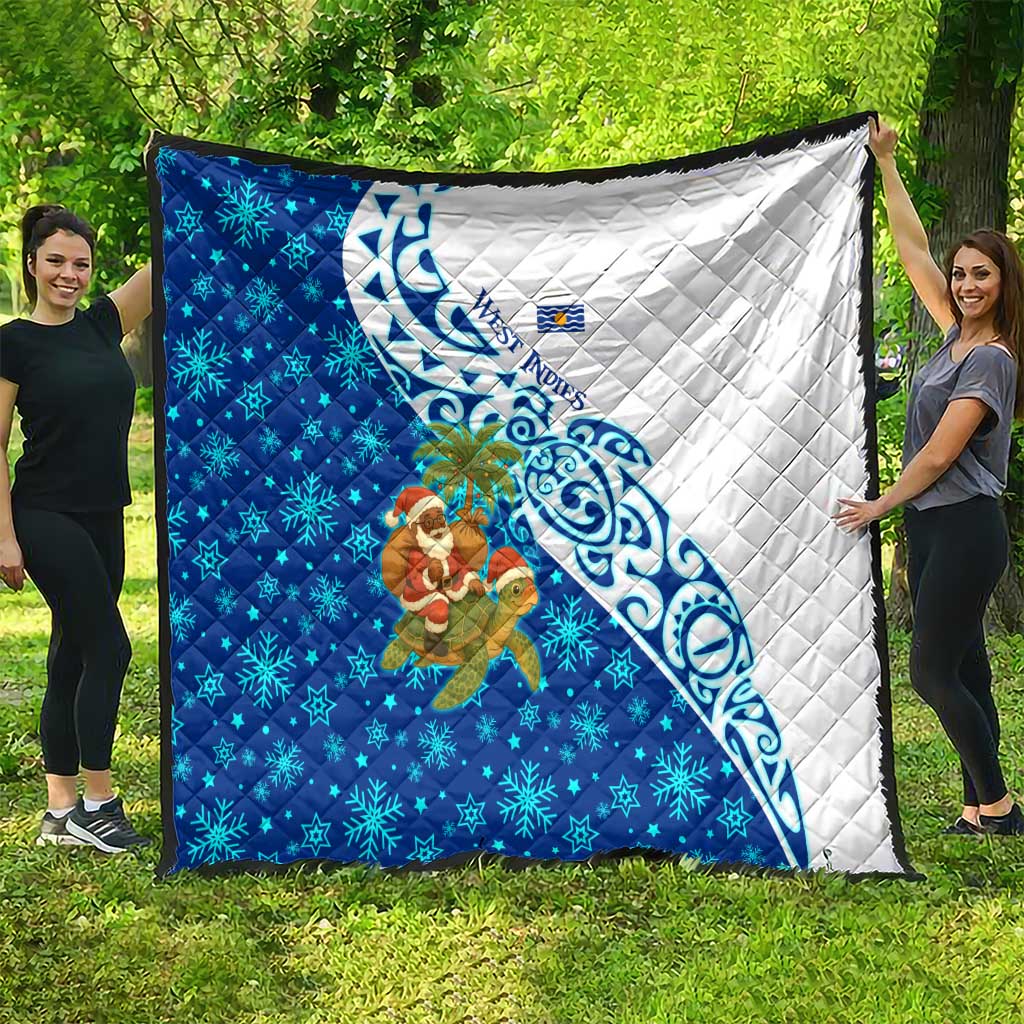 West Indies Christmas Quilt with Santa Riding Turtle Palm Tree and Tribal Snowflake Design - Wonder Print Shop