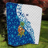 West Indies Christmas Quilt with Santa Riding Turtle Palm Tree and Tribal Snowflake Design - Wonder Print Shop