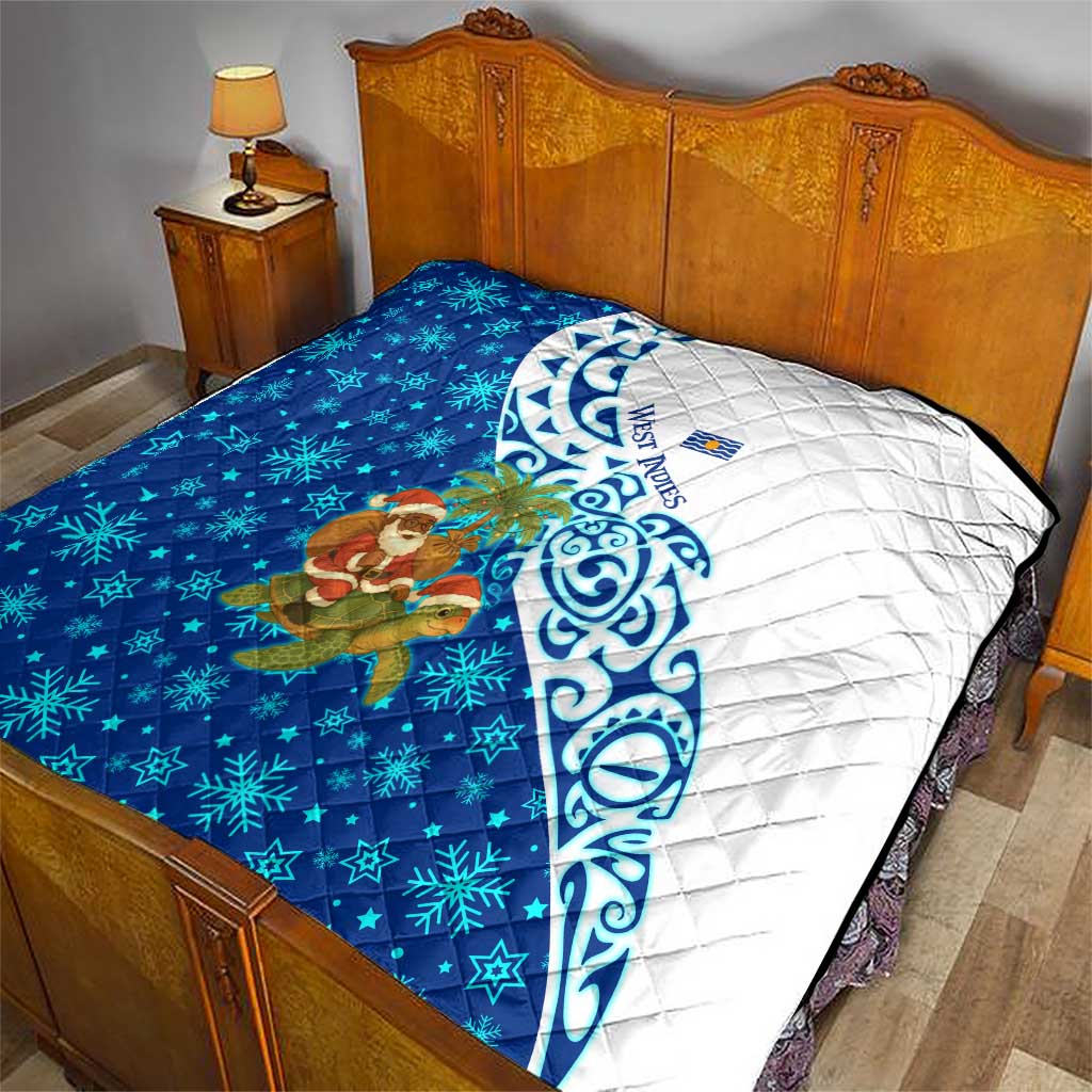 West Indies Christmas Quilt with Santa Riding Turtle Palm Tree and Tribal Snowflake Design - Wonder Print Shop