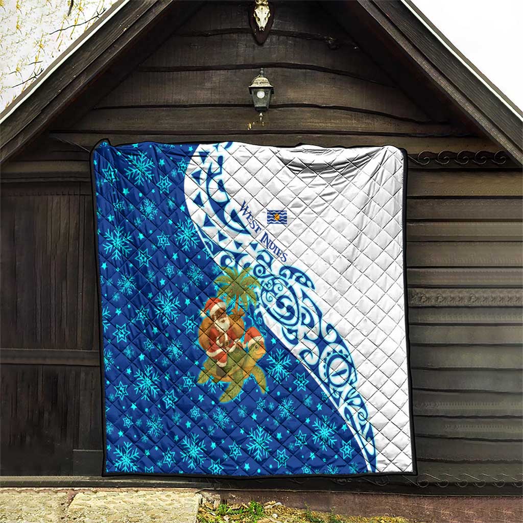 West Indies Christmas Quilt with Santa Riding Turtle Palm Tree and Tribal Snowflake Design - Wonder Print Shop