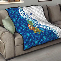 West Indies Christmas Quilt with Santa Riding Turtle Palm Tree and Tribal Snowflake Design - Wonder Print Shop