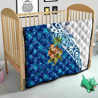 West Indies Christmas Quilt with Santa Riding Turtle Palm Tree and Tribal Snowflake Design - Wonder Print Shop