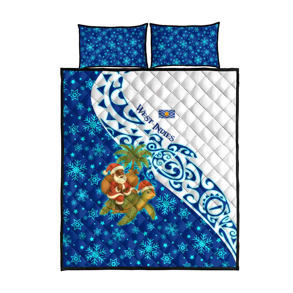 West Indies Christmas Quilt Bed Set with Santa Riding Turtle Palm Tree and Tribal Snowflake Design - Wonder Print Shop