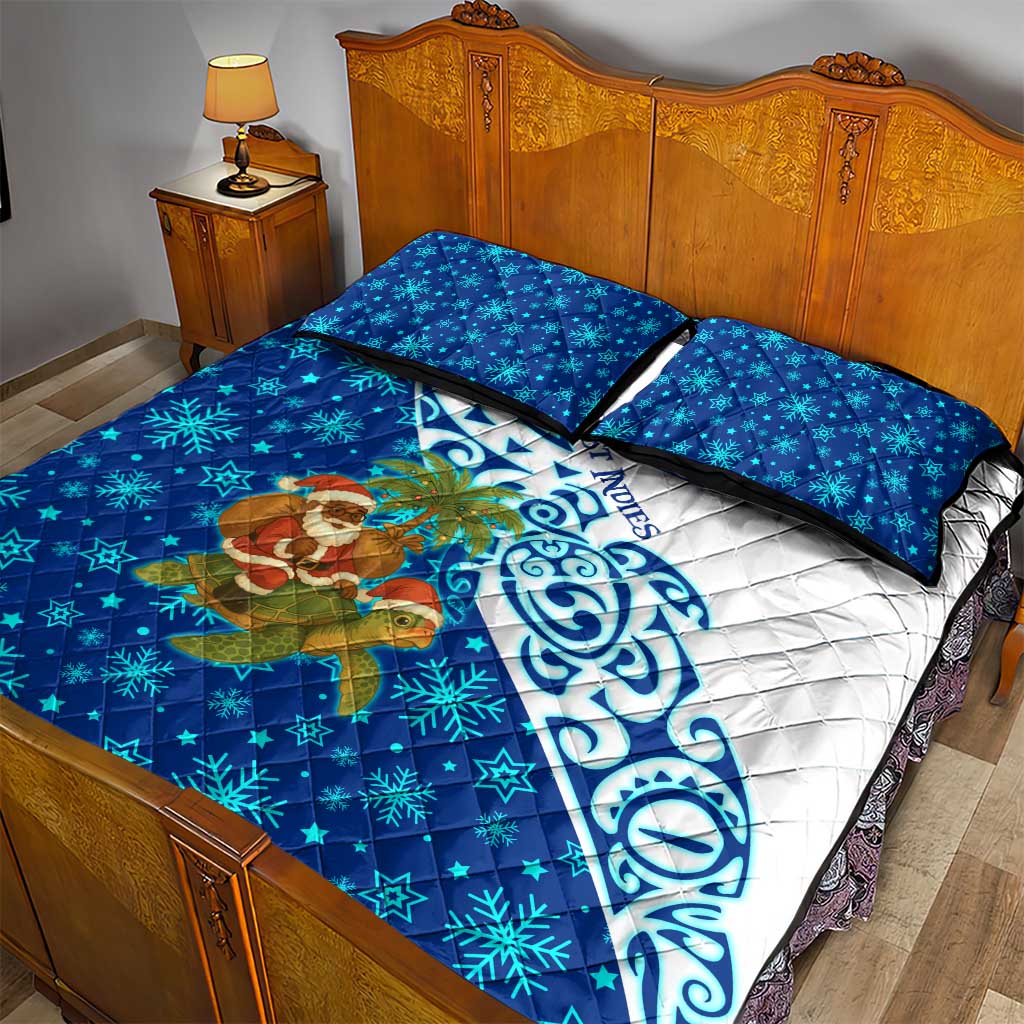 West Indies Christmas Quilt Bed Set with Santa Riding Turtle Palm Tree and Tribal Snowflake Design - Wonder Print Shop